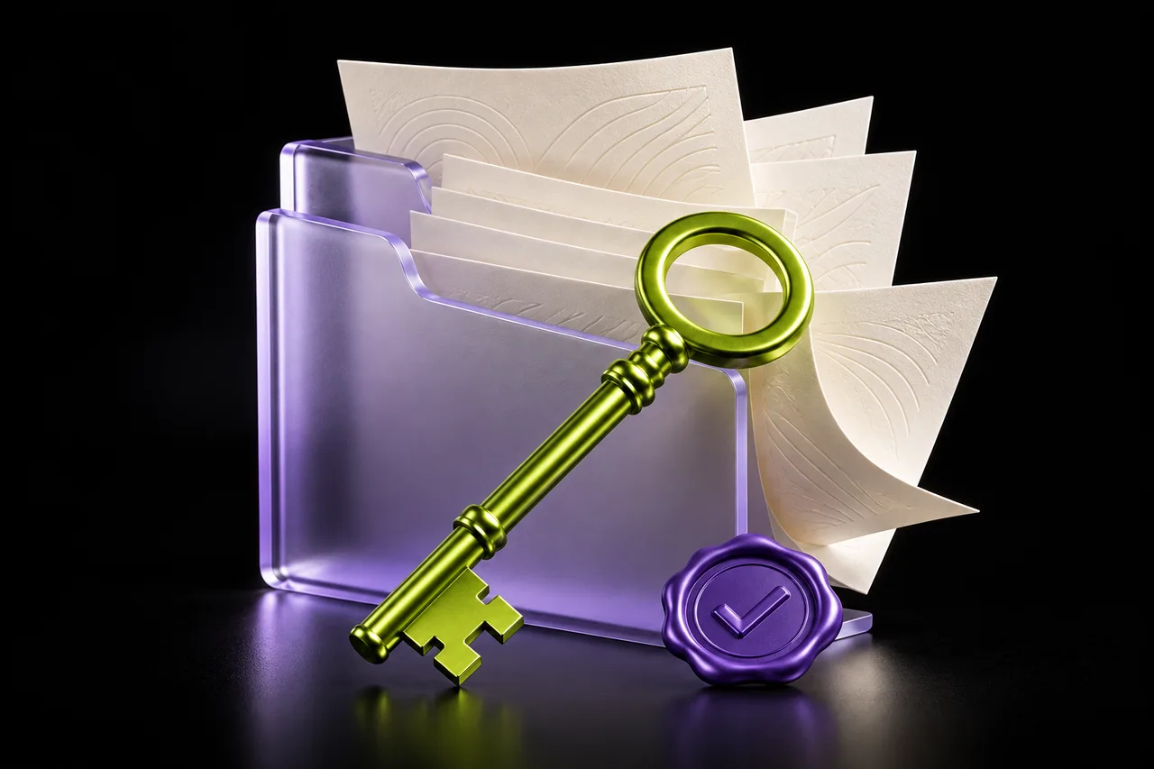 A purple folder, green key and organised documents representing handover and ownership