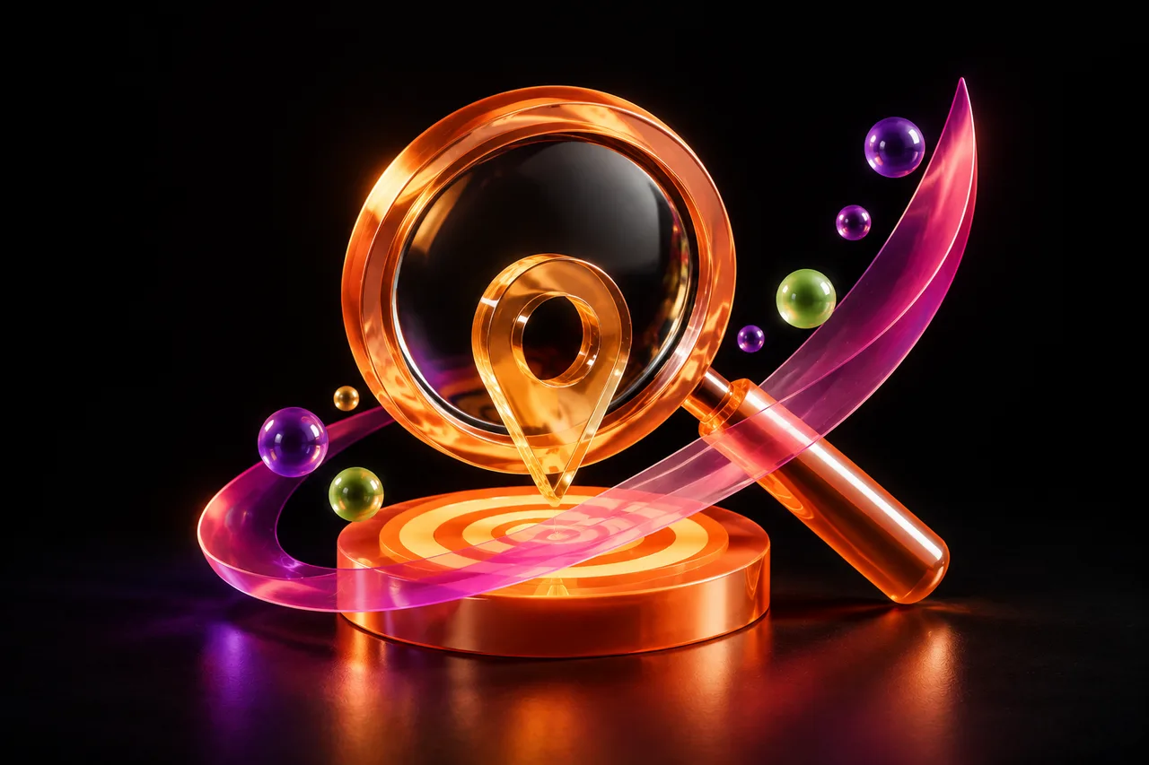 An orange lens, location marker and pink ribbon representing visibility and reach